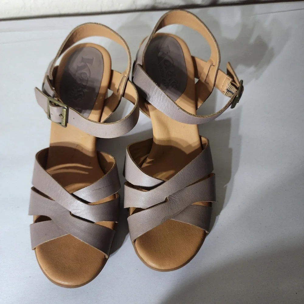 Korks by Kork-Ease Womens Taupe Leather Strappy Cork Wedge Sandals Ankle Strap